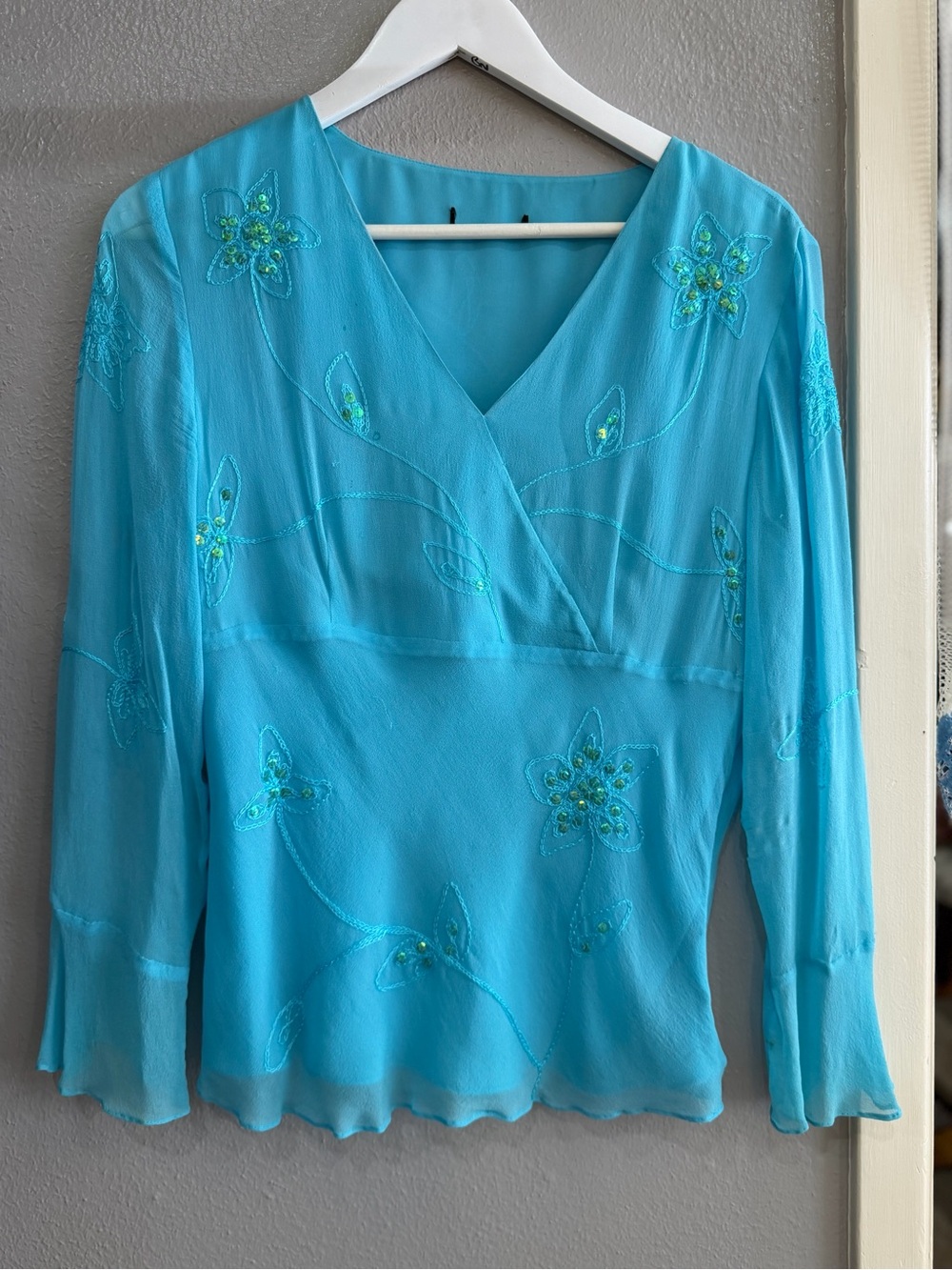 Women's V-Neck Embroidered Turquoise Top